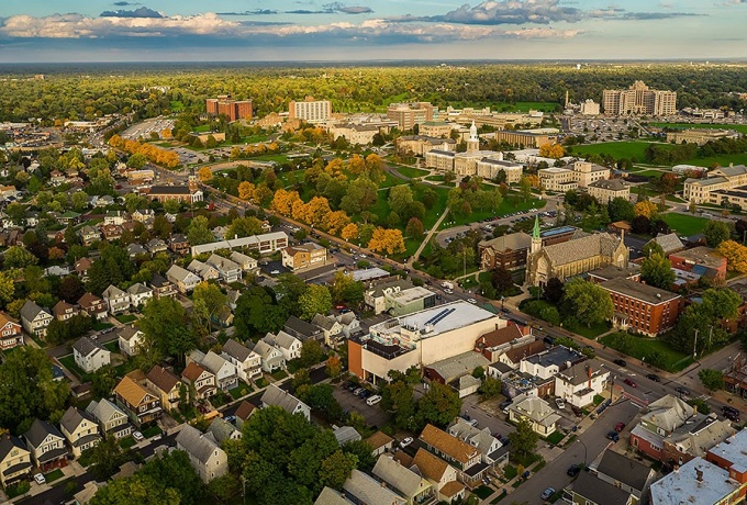 Aerial view of University Heights and its institutional landmark - UB's South Campus. 
