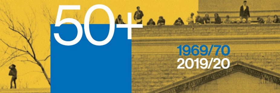 50 plus banner image with screened color over an image of students atop Hayes Hall. 